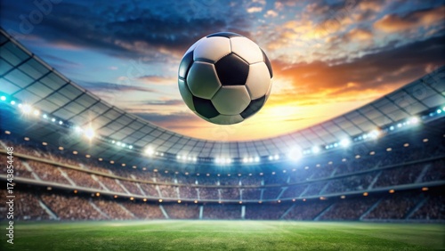 A soccer ball floating in air with a blurred stadium in background, sport, movement,  sport, movement, cityscape