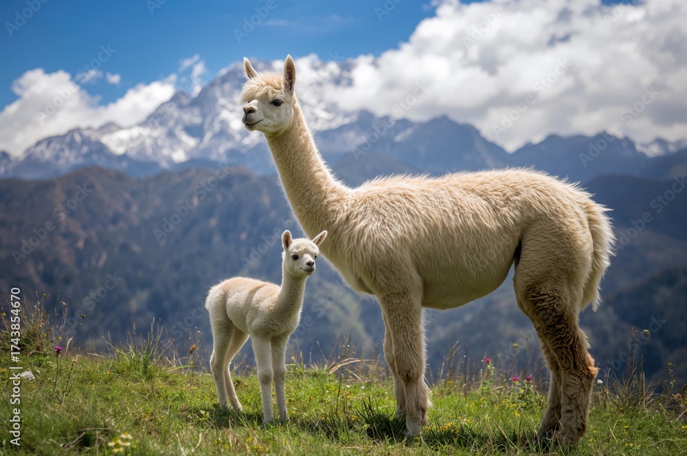 Fototapeta premium White Alpaca and Its Young, Mammal Native to the Andes