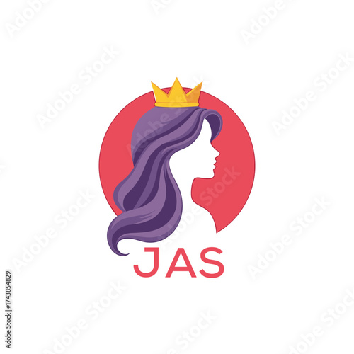 JAS Modern Beauty Queen Logo. JAS Design with Crown and Elegant Woman Silhouette. JAS Feminine Luxury Brand.
