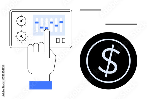 Hand interacts with control panel sliders beside dollar sign, highlighting financial adjustments and control. Ideal for finance, budgeting, money management, investment, optimization, profit