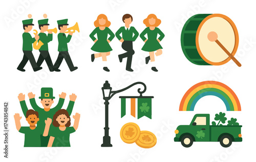 St. patrick's day parade celebration with irish dancers and festive symbols