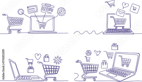 Modern online shopping concept with laptop and shopping cart for digital commerce