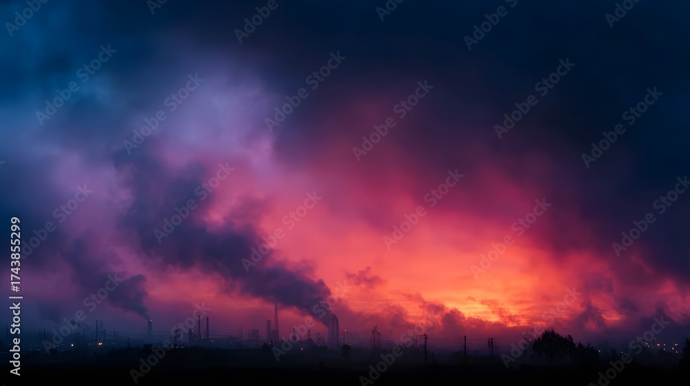 Naklejka premium Industrial smoke billows against a dramatic sunset sky ablaze with vibrant contrasting colors