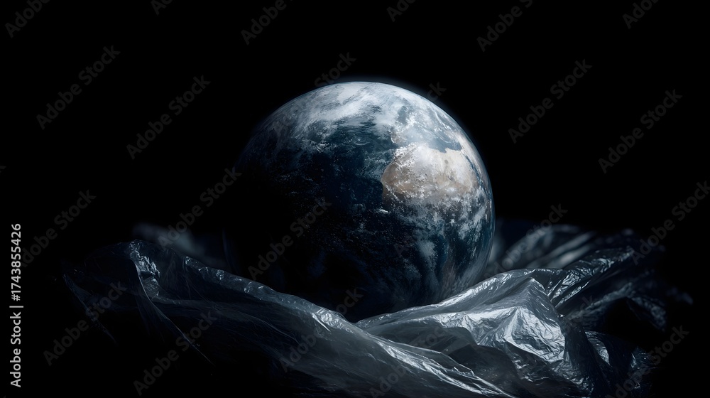 Obraz premium Planet Earth depicted trapped within a crumpled plastic bag against a dark dramatic background symbolizing environmental crisis
