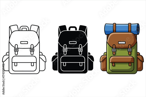 Illustration of a camping backpack in different styles, outline, silhouette, and color