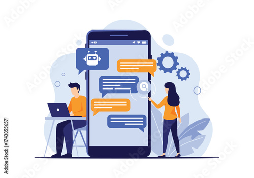Online chatbot communication on a mobile device with people interacting.