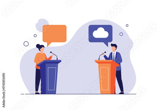 Two people standing at podiums engaging in a debate or discussion about ideas.