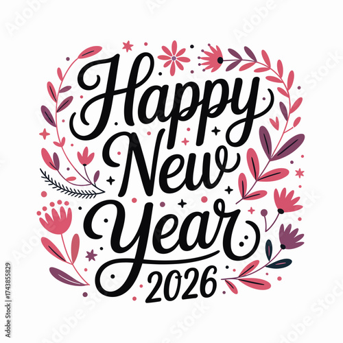 Festive happy new year 2026 floral wreath vector illustration for greeting cards and celebrations silhouette vector illustration white background