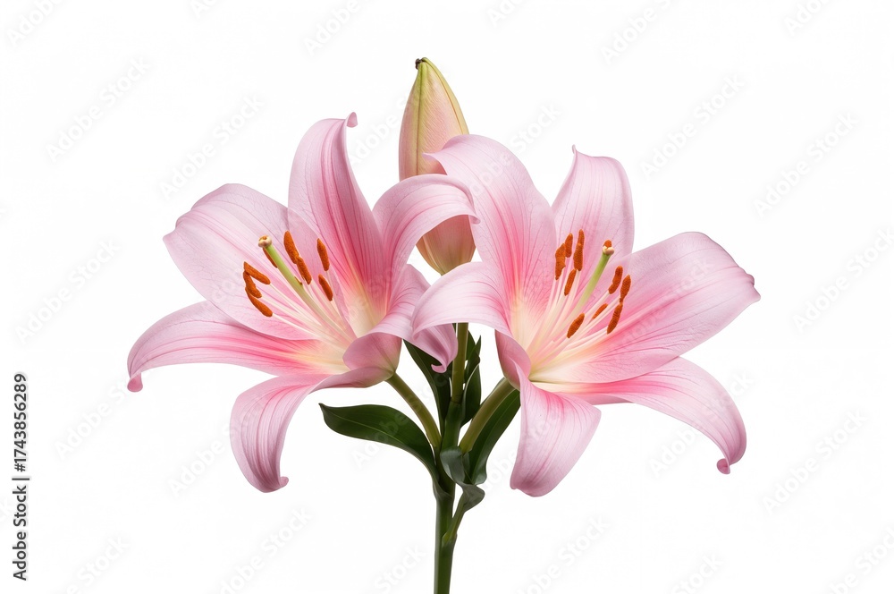Fototapeta premium Pair of pink lily blossoms against a white backdrop