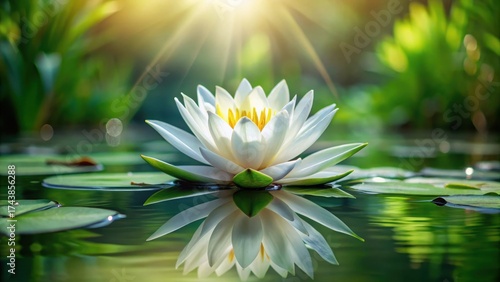 A serene water lily floating on a calm lake surface, its pure white petals glistening with dew and reflected sunlight, surrounded by lush green foliage , zen lotus, nature