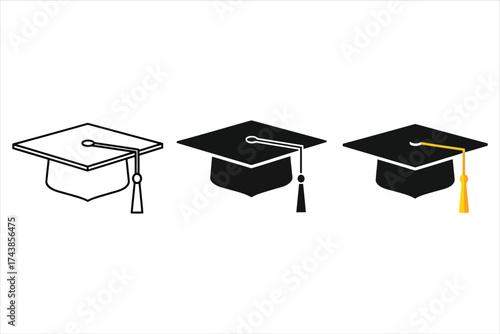 Vector art of graduation cap illustrations in various styles, representing academic achievement and celebration