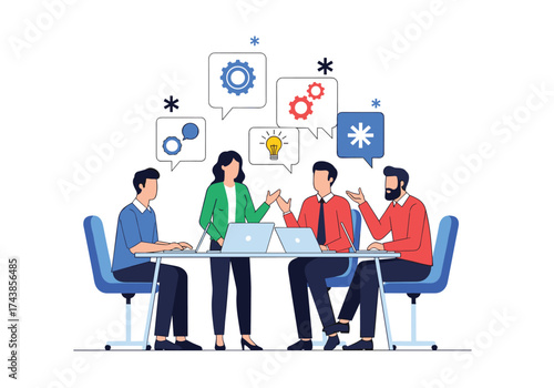 Team members collaborate on a project in an office meeting room.