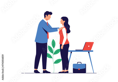 Man touching woman shoulder in office setting.