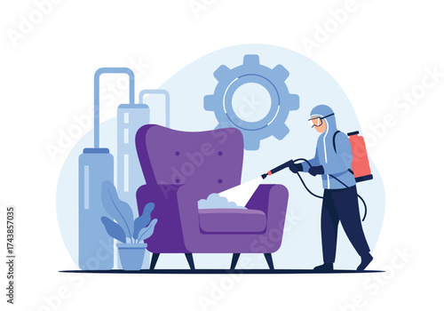Professional cleaning service applying disinfectant to armchair in room.
