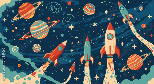 Vibrant retro illustration depicting spaceships launching into a cosmic galaxy filled with planets and stars