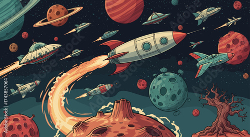 Retro Space Adventure A Cosmic Journey Through Planets and Rockets
