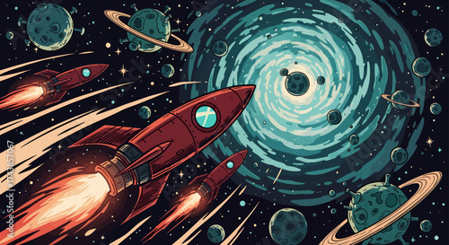 Retro Rockets Blast Off into a Pixelated Galaxy with Swirling Nebulae and Distant Planets