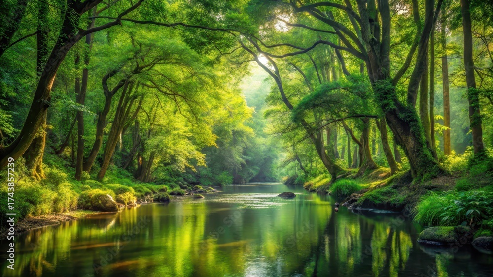 Fototapeta premium Stream and Forest Landscape , dense vegetation, leafy canopy, dense vegetation, leafy canopy, water