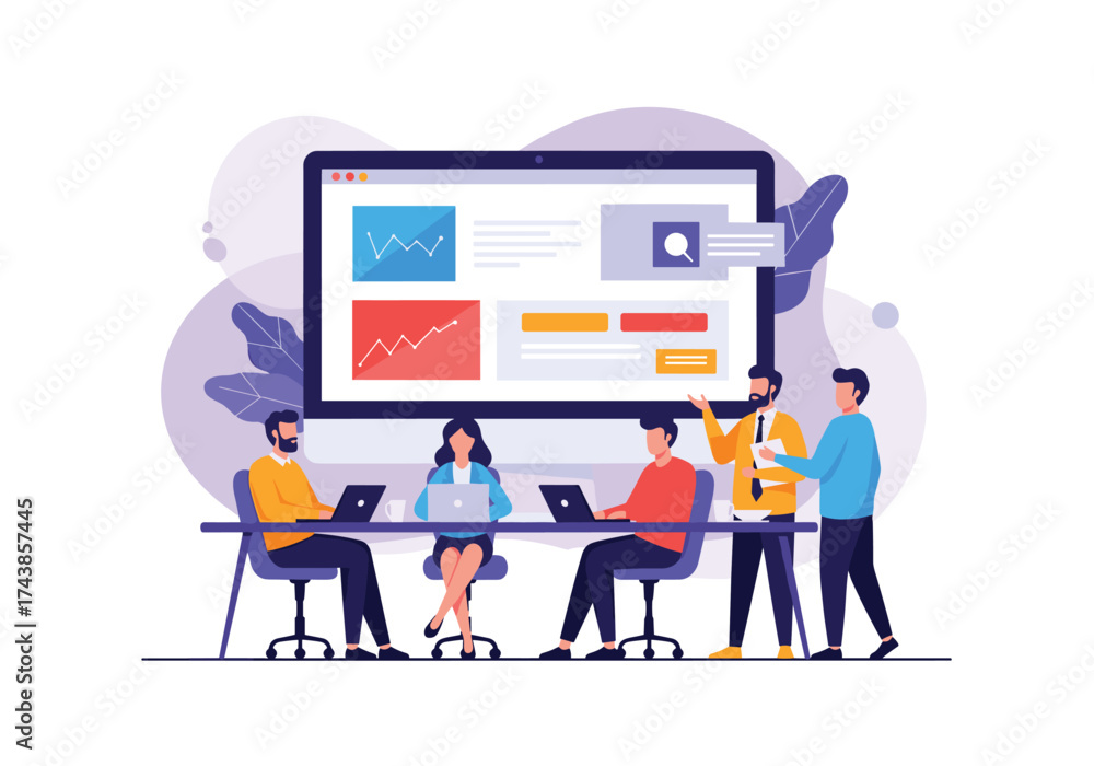 Fototapeta premium Business professionals collaborate on a digital dashboard project.