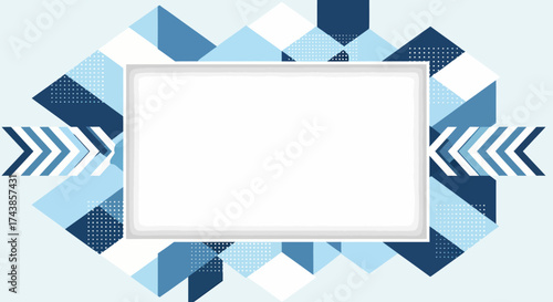 Modern blue geometric background with an abstract pattern of triangles and a blank white frame for custom text or photos