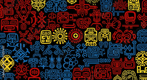 Vibrant digital pattern of colorful ancient tribal symbols and indigenous glyphs, an abstract ethnic art mosaic on a dark background