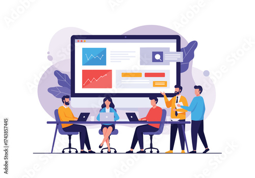 Business professionals collaborate on a digital dashboard project.