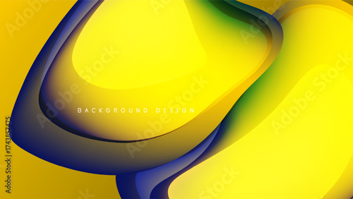 Abstract yellow, blue design. Smooth flowing shapes create dynamic visual impact. Black background enhances color vibrancy.