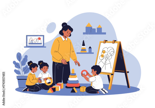 Teacher guiding children in early childhood education activities at preschool.