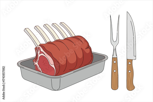 Illustration of a rib roast in a pan with a carving fork and knife