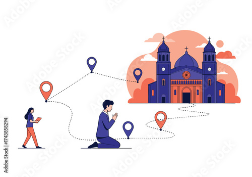 People following a spiritual journey to a grand church.