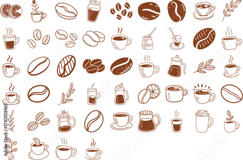 Freshly brewed coffee beans and mugs illustration for cafe, coffee shop concept
