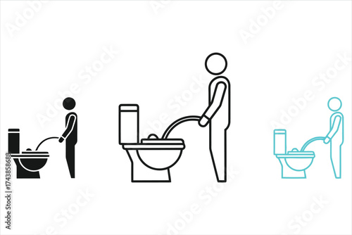 Vector art of set of man using urinal male standing and urinating in toilet bowl vector illustration of restroom sign, public lavatory symbol, and hygiene