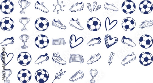 Celebrate soccer passion with playful doodles of balls, cleats and trophies on white