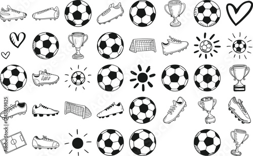 Fun soccer doodles create a lively energetic vibe for sports themed designs and events