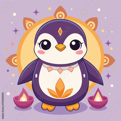 Cute Cartoon Penguin With Lanterns And Purple Glow, Perfect For Festive Family And Kids Projects