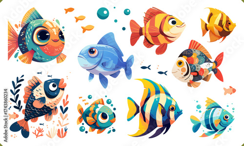 Set of vector illustration of colorful cute fish with big eyes, cute and playful style, isolated on white background. Vector illustration of fish on white background
