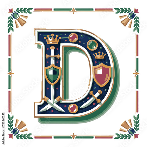 Ornate decorative letter d with medieval knightly symbols including swords shields and crowns set within a floral border