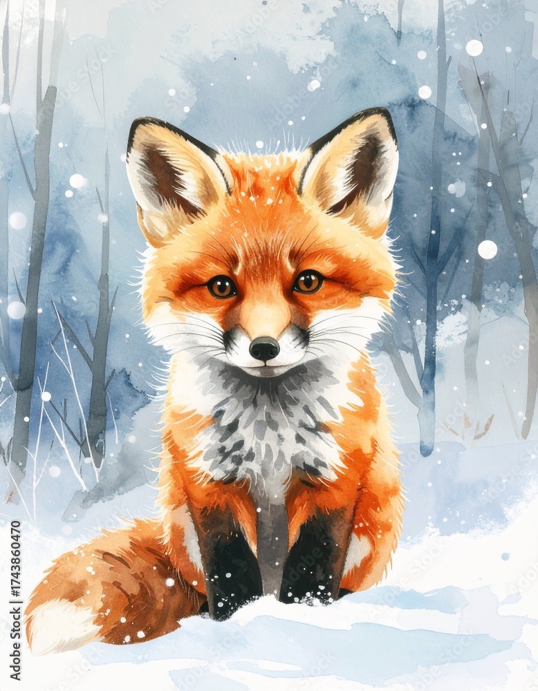 Obraz premium Zartes Aquarellmotiv eines Fuchsbabys im Winter