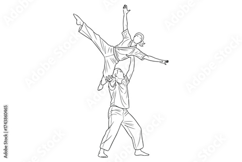 Vector art of acrobatic duo performing a balancing act illustration, showcasing strength and teamwork