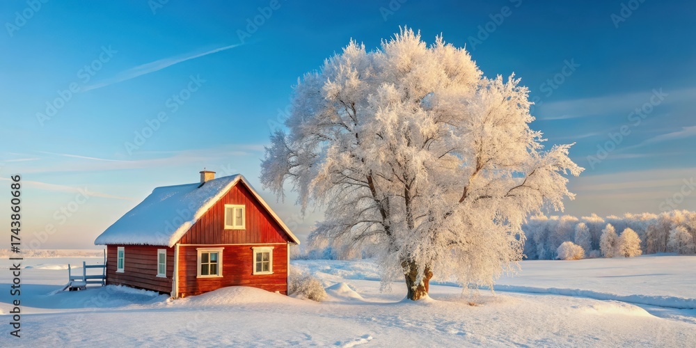 Fototapeta premium A snow-covered tree stands beside a small, rustic red house with hoarfrost covering its roof and windows in the morning light of a winter village , frosty mornig, red houses
