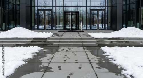 Footprints in snow lead to modern office building entrance