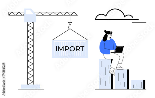 Crane lifting a container labeled IMPORT, while a woman works on a laptop sitting on bar graphs. Ideal for trade, logistics, market analysis, import-export, global business, supply chain, data