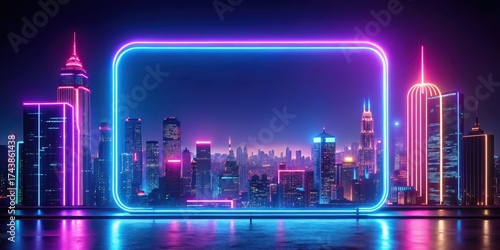 Bright neon glowing sign with futuristic cityscape at night, nighttime scenes