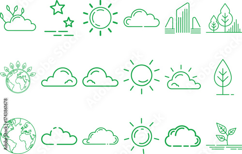 Inspiring green environmental icons representing earth, sun, clouds, and trees