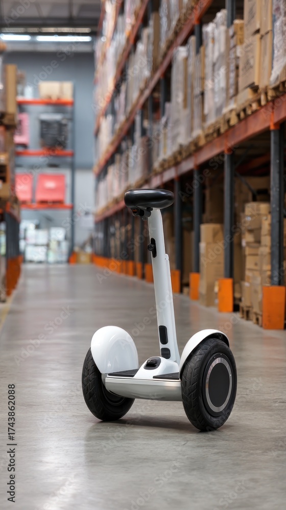 Fototapeta premium A white self-balancing scooter stands in an industrial warehouse aisle, surrounded by shelves stacked with boxes.