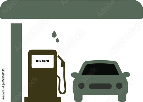 Two-tone icon of a car at a 24-hour gas station fuel pump