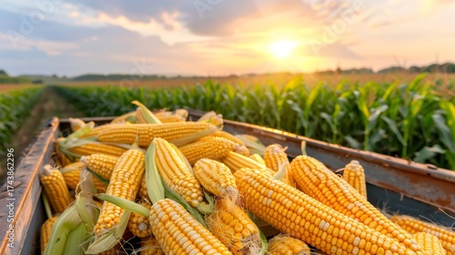 Corn harvest in trailer at sunset with field