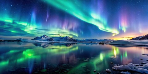 Rideaux  Aurora borealis over serene lake, celestial display, icy landscape,  celestial display  © Songkran