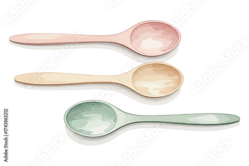 Vector art of three watercolor spoons in different colors, pink, beige and green spoons