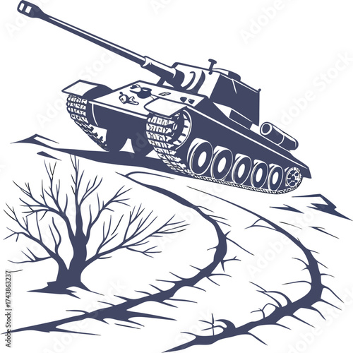 A lone tank traverses a barren snow covered landscape with a stark tree